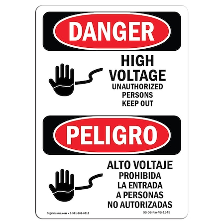 Signmission Safety Sign, OSHA Danger, 14" Height, Aluminum, High Voltage Persons Keep Out Spanish OS-DS-A-1014-VS-1349